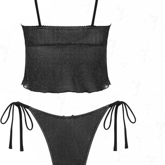 seamoly Lurex Glitter Sparkly Lace Trim Bowknot Decor Tie Side Tankini Set,Black - Picture 4 of 6